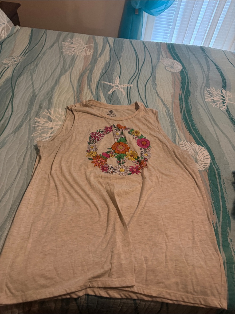Sleeveless Beige Floral Peace Sign Tank Top